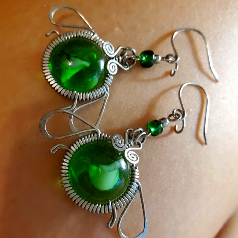 Green bug earrings